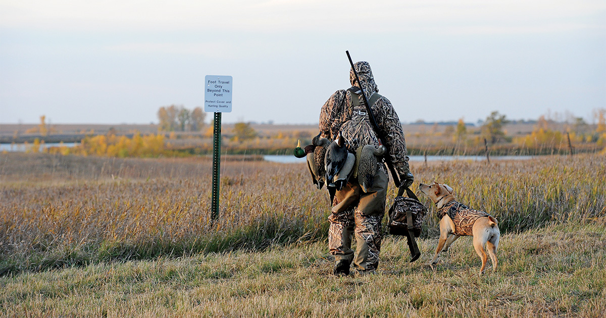 Hunter and retriever heading out from a successful hunt. Photo by Jim Thompson.