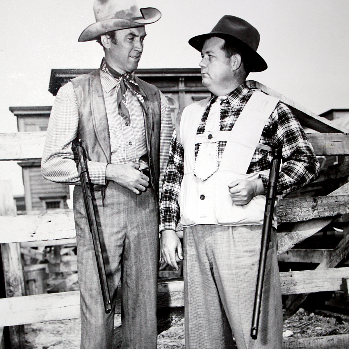 Actor Jimmy Stewart and Herb Parsons during the  production of the Hollywood western Winchester ’73. Photo courtesy of Winchester Arms